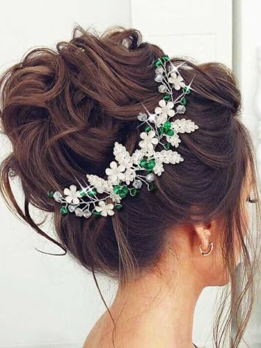 IYOU Blume Hochzeit Haar Rebe Grün Kristall Haarschmuck Braut Brautjungfer Stirnband Kopfschmuck für Frauen