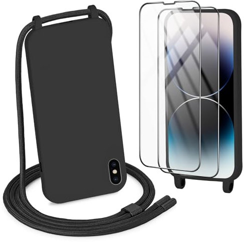 DiDaDi Handykette kompatibel mit iPhone X/Xs Hülle,Handyband Necklace Hülle mit Band Handyhülle für zum Umhängen Silikon Case mit Schnur Schutzfolie in Schwarz