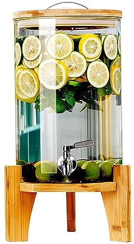 LYXXW Dispensador de Bebidas de Vidrio sobre Soporte de Madera con Espiga de Acero Inoxidable, Jarra de Agua Mason Jar para Jugo Frío/Caliente, Cerveza, Ponche, Té Helado,5L/1.3gal