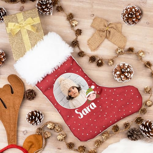 Wanapix | Nikolausstiefel Personalisiert mit Foto und Name | Nikolausstrumpf | Deko Weihnachten | Bändchen zum Aufhängen | 21x43cm | Elfen-Tochter