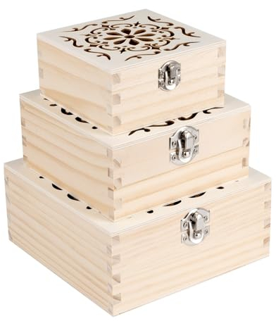 Ideen mit Herz Dekorative Boxen aus Holz | Vintage | Holz-Kiste mit Ornament | Schatulle | DIY | Deko | Erinnerungsbox | Aufbewahrungs- und Ordnungsschachtel | quadratisch | 3 Größen | 3 Stück