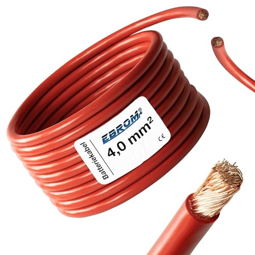 EBROM - 10 Meter Batteriekabel - Pluskabel - ROT - 4 mm² - Vollkupfer | Batterie Kabel - PLUS KABEL - 10 m Länge - für PV, Boot, Solar, Industrie, LKW, KFZ, Caravan und weitere Anwendungsbereiche