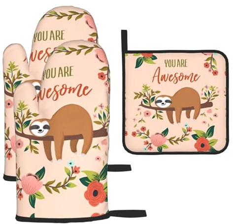 You are Awesome Faultier Ofenhandschuhe und Topflappen, Grillhandschuhe und Halter zum Kochen, Backen (3-teiliges Set)