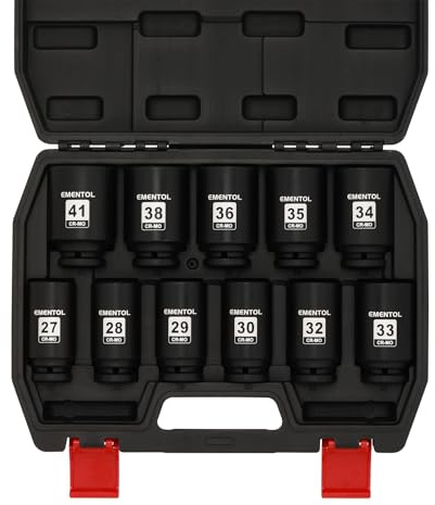 EMENTOL 11PCS 1/2-Inch Drive Spindle Axle Nut Impact Socket Set, CR-MO, 6 Point, Metric, 1/2 Dr. Deep Impact Socket Set, 27mm - 41mm