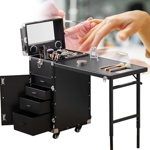 XCSCUK Rollbarer mobiler Maniküre-Schreibtisch, Faltbarer Nageltisch, multifunktionaler Make-up-Tisch, mit Stauraum/Spiegel/Bluetooth-Lautsprecher (Schwarz)