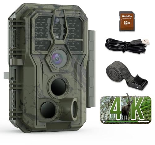GardePro 4K Fototrappola Infrarossi Invisibili con Scheda SD da 32 GB, 64MP Fotocamera da Caccia, Animali Fotografiche da Caccia, Movimento Attivato Visione Notturna Esterna Fototrappola Sorveglianza