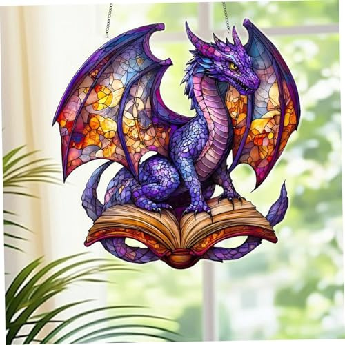 Dragon Ornament, Acrylic Dragon Suncatchers for Windows Hanging, 5.9 Inch Book Sun Catcher, Hanging Book Ornament for Home Garden Party Decor, Sun Catcher
