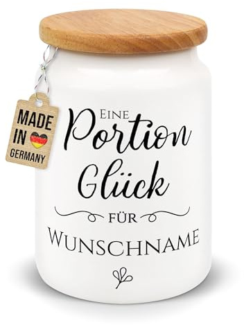 Print Royal PR Vorratsdose mit Namen selbst gestalten - Eine Portion Glück für - Personalisiertes Geschenk zum Geburtstag, Weihnachten, Abschied Kollegen - Keramikdose inkl. Holzdeckel, 650 ml