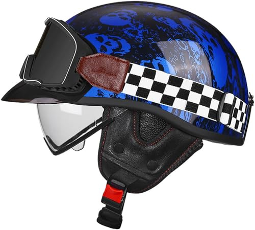 Vintage Casques Jet De Moto Dot/ECE Homologué Casques À Face Ouverte Demi Casque De Moto avec Lunettes Casque Mobylette Moto Casques Bols Demi pour Hommes Et Femmes Adultes 16,XXL=63-64CM
