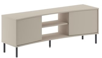 FWStyle Frem 2 Door TV Unit – Sandstone Curved Design with Black Metal Legs, Handleless Storage