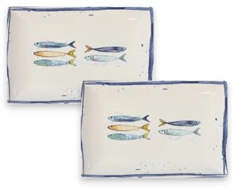 Teller im mediterranen Design mit Sardinen-Motiv | Maritime Speiseteller (26 cm), Suppenteller (21 cm) oder Dessertteller (20 cm) - robust, Steinzeug, glattes Finish (2er Set rechteckig (30 x 20cm))