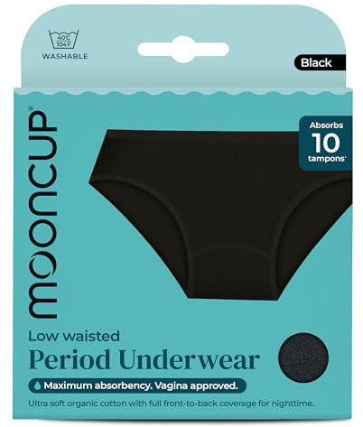 Mooncup Slip Menstruali Vita Bassa, Assorbono Fino a 10 Assorbenti Interni, Lavabili in Lavatrice, M - UK Size 12, Nero (Confezione da 1)