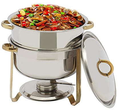 GXFCHYL 14.2 Qt Soup Chafer Round Chafing Dishes Stainless Steel Chafers and Buffet Warmers Sets Soup Warmer Catering Supplies for Event Party Holiday Dinners (Gold&Silver)