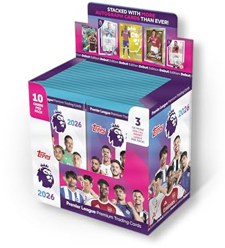 Topps Premier League 2026 – Debututgåva – full låda – 28 paket per låda (280 kort) 3 eller fler specialinfogningskort per paket.