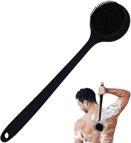 Silicone Body Scrubber for Shower with Long Handle, Double Sided Shower Brush for Shower Exfoliating and Massage, Long Handle Back Scrubber for Men & Women - Black