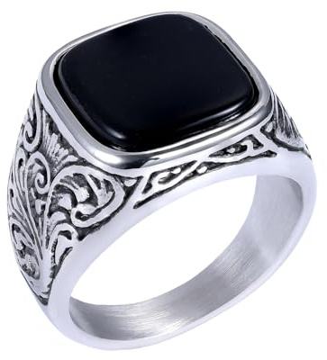 Flongo Schwarzer Onyx Siegelring für Herren: Quadratischer Biker Ring - Vintage Herrenringe mit Naturstein - Edelstahlring für Männer - Größe 57