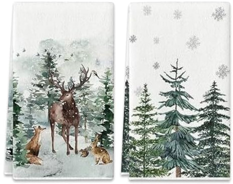 2 Stück Geschirrtücher Weihnachten, Aquarell Rentier Bäume Schneeflocken Weihnachten Küchentücher Geschirrtücher, Geschirrtuch Weihnachts Deko, 40x60 cm Winter Christmas Deko Polyester Handtüche