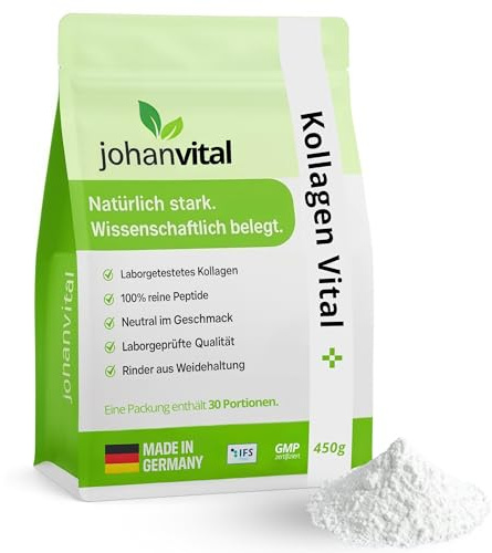 Johanvital Kollagen Pulver Vital+ 450g, 100% Bioaktives Kollagen-Hydrolysat, reine Peptide Typ I & III, 30 Portionen, Collagen geschmacksneutral, laborgeprüft, stärkt Haare Haut & Nägel, löslich