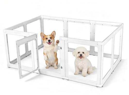 Trsaow Acrylic Dog Playpen,10 Panels Easy Assemble pen, 60cm Transparent Pet Playpen for Indoor & Outdoor with Lockable Door，Heavy Duty Puppy Pen Fence for dogs/cats/Rabbits(152 * 102 * 61CM)