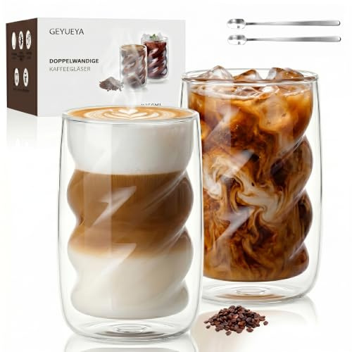GEYUEYA Home Latte Macchiato Gläser Kaffeegläser doppelwandig 2er Set 350ml | Doppelwandige Gläser, modernes Design, Spülmaschinenfest, Geschenk, Café, Haushalt