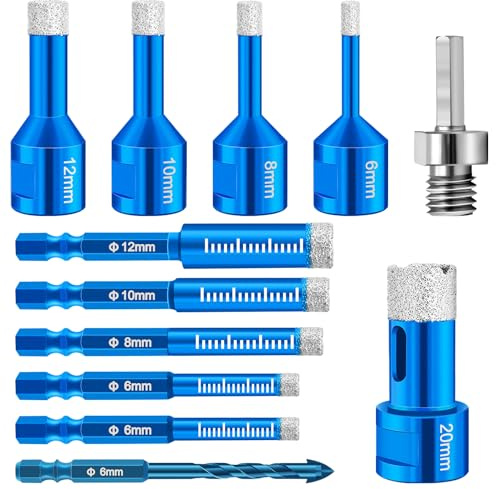 Diamant Fliesenbohrer 6mm, 5 Stück M14 Fliesenbohrer 6/8/10/12/20mm + 6 Stück M6 Sechskantschaft Diamantbohrer 6/6/8/10/12mm + 1 M8 Adapter, Diamantbohrer Fliesen Set für Granit,Glas,Fliesen,Marmor