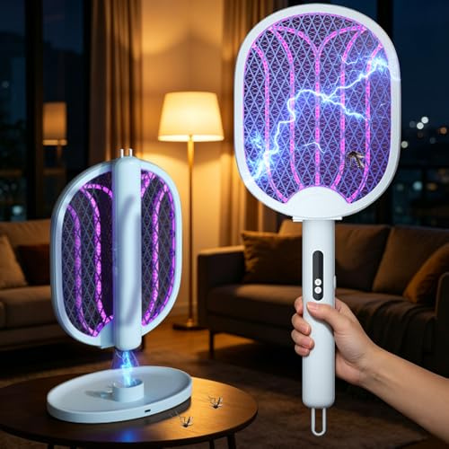 RNPKZ 3-in-1 Elektrische Fliegenklatsche, 3000V Elektro Mückenklatsche, Elektrische Fliegenklatsche Extra Stark,Aufladbar Elektro Mückenklatsche, 180° Klappbare mit UV-Licht für Drinnen Draußen (Weiß)