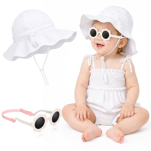 BTHRORO Bébé Chapeau de Soleil Fille Lunettes de Soleil, Chapeau de Plage Pliable avec Protection UV Polarisée Élastique Réglable Lunettes de Soleils pour Enfants