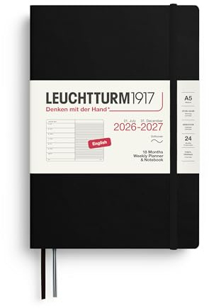 LEUCHTTURM1917 Veckokalender 2027 A5 med anteckningsbok, linjerad – möteskalender engelska, 18 månader juli 2026 – december 2027, svart, mjukt skydd, 210 x 145 mm, veckoöversikt vänster +