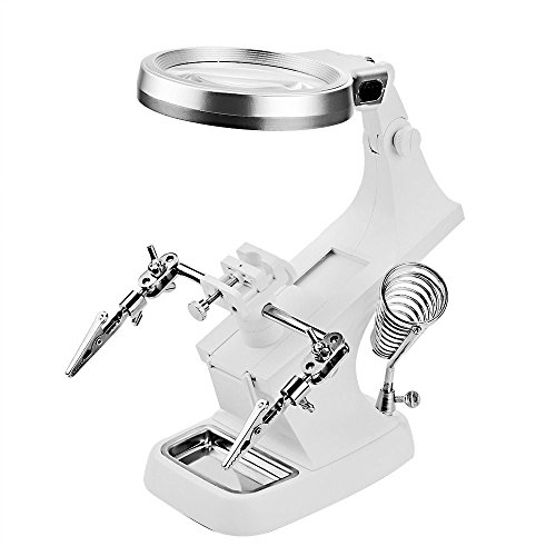 LED Dritte Hand, Löthilfe YOCZOX Platinenhalter Hand, multifunctionales Reparatur Tool mit 10 LED, 3 x/4.5 x Lupe, Lötkolbenhalter und Krokodilklemmen, Zum Löten, Reparatur, Hobby, Handwerk etc. Weiß