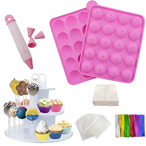 Rigrer Silikonform für Cake Pops, BPA-frei, mit 100 Cake Pop-Sticks + 100 Leckerlibeutel + 100 Twist-Bänder in verschiedenen Farben, ideal für harte Süßigkeiten, Lutscher, Cake Pop und Party Cupcake
