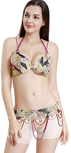 ROYAL SMEELA Bauchtanz BH Gürtel Bauchtanz Kostüm Damen Neckholder BH mit Spaghettiträgern Perle Quaste Gürtel Bauchtanz Anzug Bauchtanz Outfit Bauch tanzen Kostuem für Frauen Bauchtanz BH und gürtel