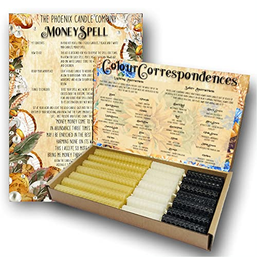 Phoenix Candle Company Manifest Money Bienenwachs-Zauberkerzen-Set mit A4-Zauber – 21 Stück – handgerollt – Naturgold
