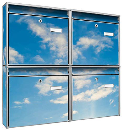 banjado Briefkastenanlage 4 Fach - Postkästen groß - verzinkter Stahl Silber DIN A4 Motiv Wolken 11 - Briefkasten Set 4 Briefkästen Namensschild, 2 Schlüssel, Montagematerial