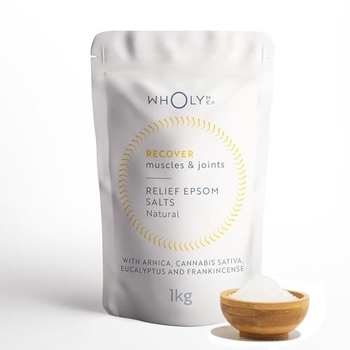 WholyMe Epsom Salt Bath Salts - Natural Bath Soak for Muscle and Joint Recovery - Made in The UK - with Arnica, Frankincense and Eucalyptus Essential Oil - Post Workout and Relaxation - Organic