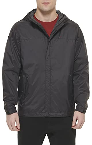 Tommy Hilfiger Mens Lightweight Breathable Waterproof Hooded Jacket Raincoat, Black, 3X-Large Tall US