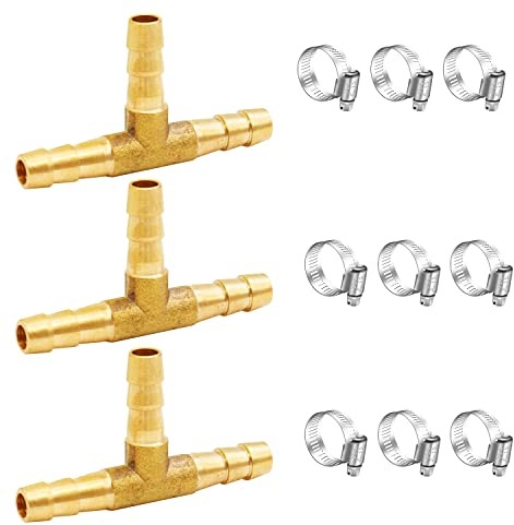 Tnuocke 3pcs 3/16 Brass Tee Barb Fittings,3 Way Union Intersection Fitting T Shape Barbed Splitter Fitting Splicer with Hose Clamps for Water Fuel Air H-058-3/16