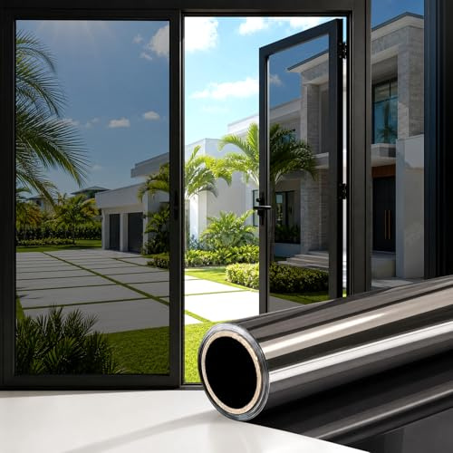 CHEIGHY Fensterfolie Spiegelfolie Tönungsfolie Einseitig durchsichtig Anti-UV Wärmedämmung statisch selbstklebend Privatsphäre Verwendet für Wohnzimmer Schlafzimmer (Schwarzes Silber, 90 x 400 cm)