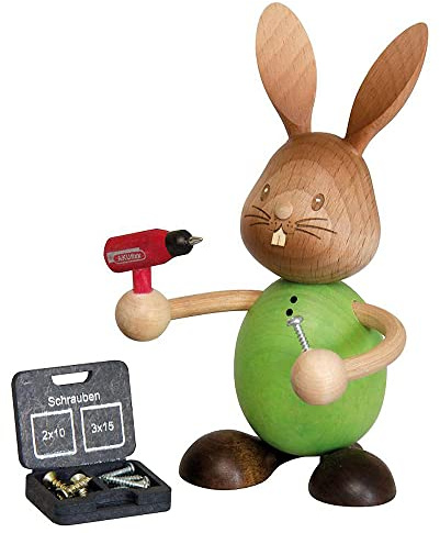 Kuhnert Drechslerei Osterdekoration/Osterhase „Stupsi Hase Handwerker“ 11 cm, aus feinstem Holz, für EIN Bezauberndes Osterfest oder eine dauerhafte Dekoration, Holzkunst Made in Germany