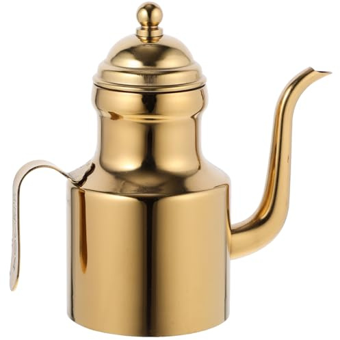 Cabilock Ölspender Essigspender Edelstahl Ölkanne Olivenöl Ölflasche Küche Kanne Ölbehälter Sojasauce Flasche mit Griff Edelstahl Öltopf Spender für Zuhause Restaurant Gold 11oz, 13.8X7.5X5CM