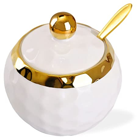 WHJY Ceramic Sugar Bowl with Lid and Spoon, Golf Design Porcelain Salt Bowl Salt Container, Modern Spice Box Seasoning Jar for Home and Kitchen Coffee Bar - White