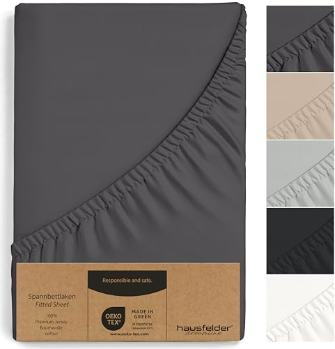 Hausfelder Spannbettlaken, 160x200cm, Anthrazit | Spannbettlaken 140x200-160x200 cm Jersey Baumwolle, Bettlaken für Matratzen bis 25 cm Höhe