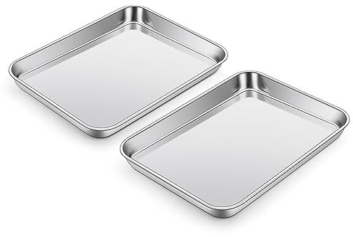 Joyfair - Set di 2 teglie da forno in acciaio inox, piccole teglie da forno, rettangolare, per cuocere, arrostire, servire, sane e atossiche, lavabili in lavastoviglie, 23,7 x 17,8 x 2,5 cm