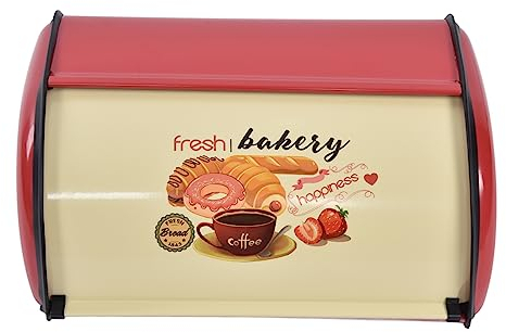 Metal Bread Box, Space Save Container, Large Capacity Bin Holder With Roll Top Lid, Kitchen Storage, Farmhouse Style (Red)