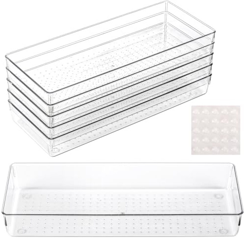 Ohlove 6 Pcs Large Clear Plastic Drawer Organizers Tray 15 x 6.3 Storage Bins with 25 Pcs Non-Slip Pads for Makeup, Jewelries, Kitchen Utensils, Bathroom and Office