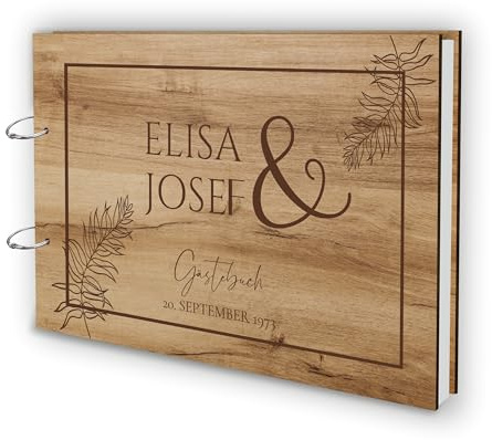 Manschin-Laserdesign Holz Gästebuch Love Hochzeit Echtholz mit individueller Lasergravur | 50 Blätter (100 Seiten) | DIN A4 |