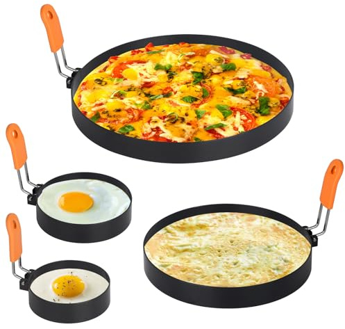 Hhyn Egg Rings for Griddle Frying Eggs Upgraded 4 Packs, Pancake Shapers with Orange Silicone Handle Non-stick Egg Molds for cooking Breakfast Omelette Sandwiches (3, 3.5, 6, 8)