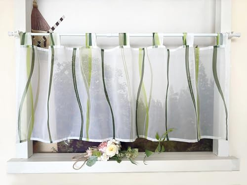 Devola Scheibengardine mit Wellenmuster Gardine Druck Kurzstore mit Schlaufen Küchengardine Kurz Modern Voile Bistrogardine Transparent HxB 45x90cm Grün 1 Stück