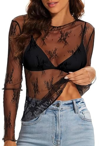 WIHOLL Lace Top Women Sexy Long Sleeve Mesh Sheer Floral Party Layering Elegant Trendy Lettuce Trim Shirts XL
