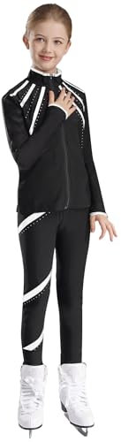 Freebily Kinder Mädchen Eiskunstlauf Anzug Strass Jacke Hose Eislaufen Übung Trainingsoutfit Sport Outfit Langarmjacke Leggings Set Tanzkleidung Silber_H 158-164