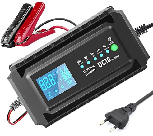 Autobatterieladegerät 10A 12V/24V 5A Batterieladegerät Auto Vollautomatisches intelligentes Ladegerät mit LCD-Bildschirm, für Auto- und Motorradbatterie